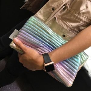 Iridescent Clutch bag, earrings and sunglasses
